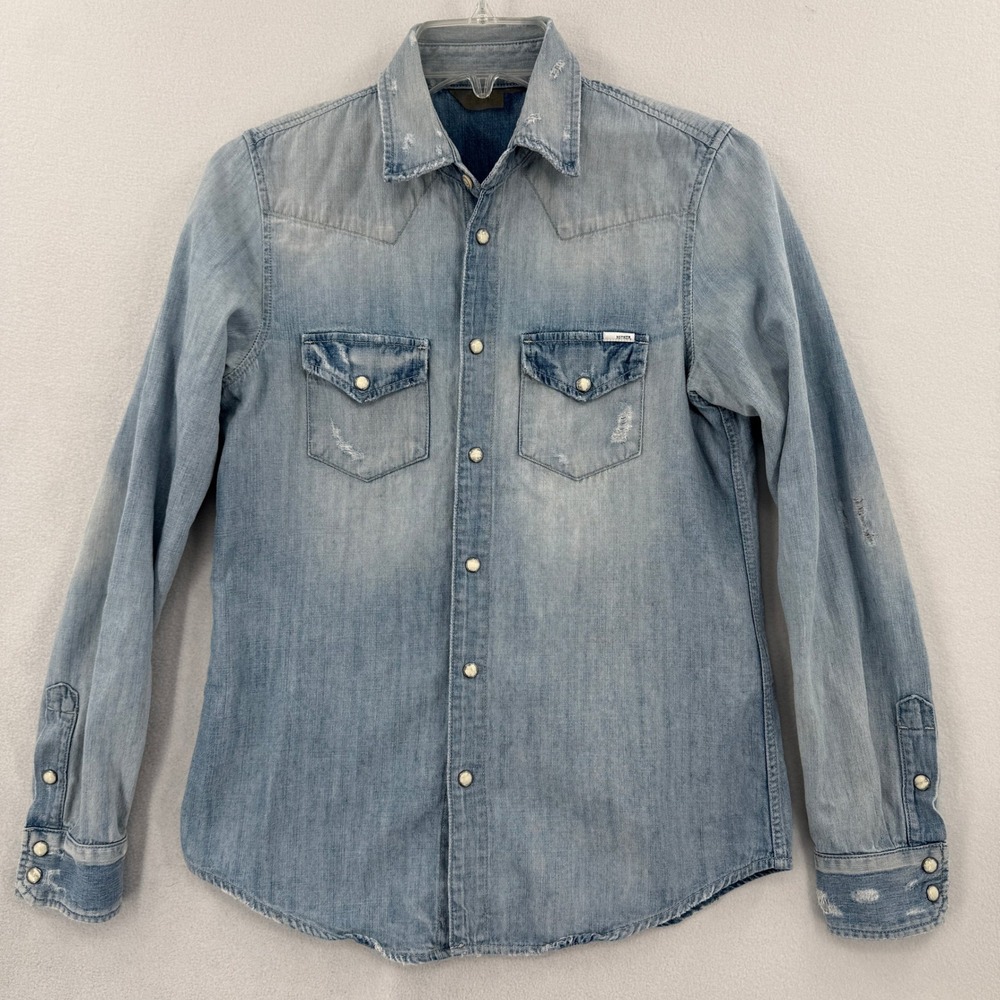 MOTHER All My Ex's Denim Shirt Women S Light Blue Distressed Western Pearl Snap